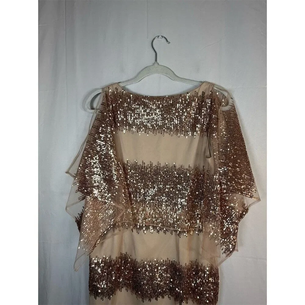 Belle Badgley Mischka Dress Womens 6 Beige Sequin Stripe Sheer Cape Cocktail - Picture 10 of 16